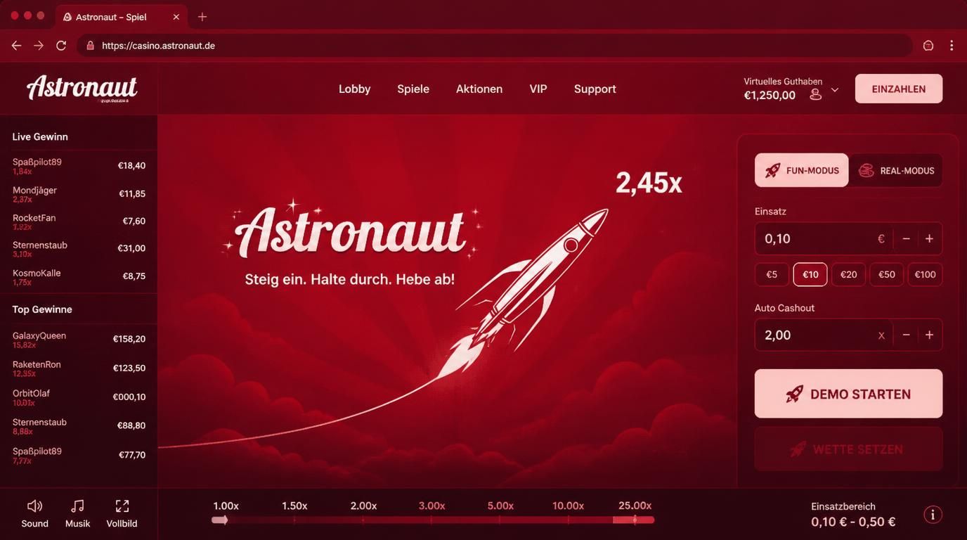 astronaut spiel im browser mit „demo starten“-button und minieinsatz-anzeige