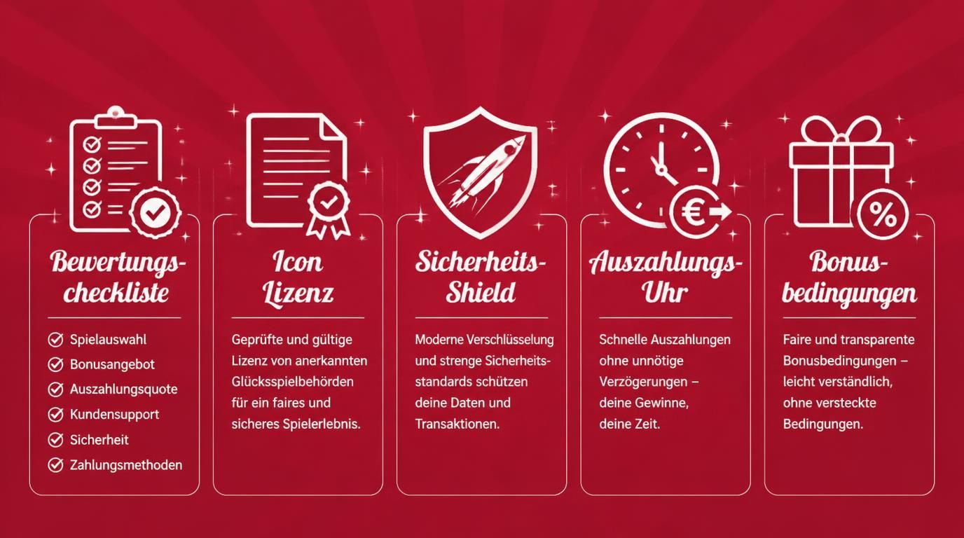 Checkliste mit Lizenz- und Fairness-Icons zur Casinowahl